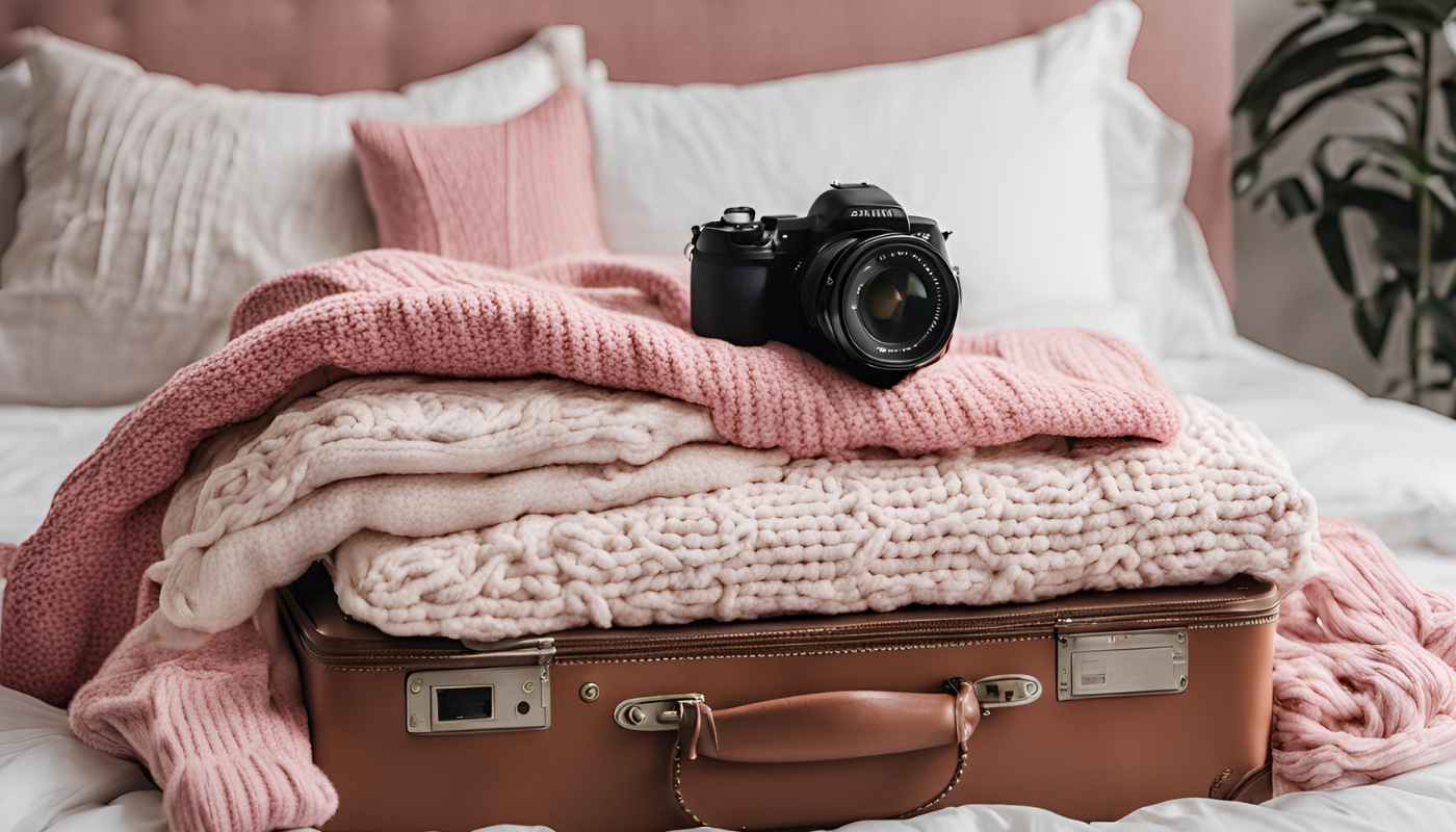 Camera resting on top of clothing in a suitcase while packing for a trip