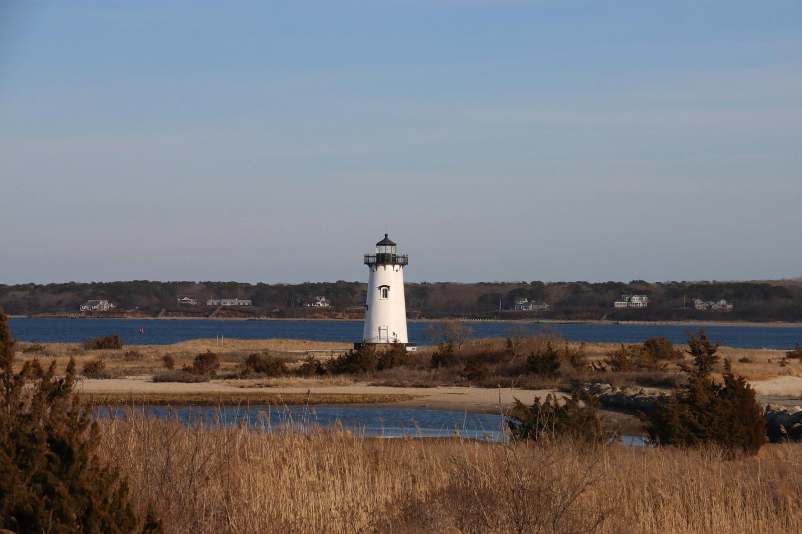 Scenic view of Edgartown Lighthouse on a peaceful autumn day in Martha's Vineyard.